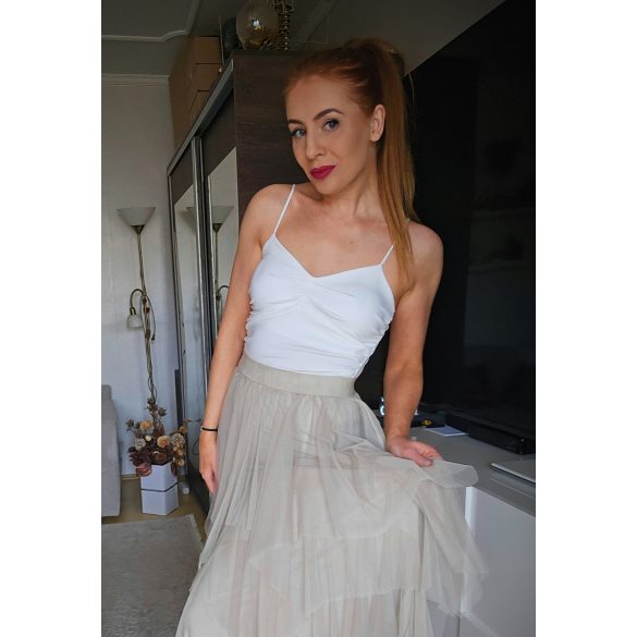 Rugalmas fehér női body formázott, ráncolt mellrésszel